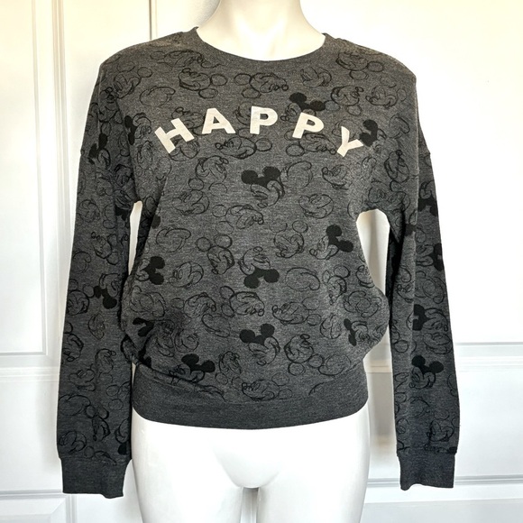 Disney HAPPY Silver Gray Black Mickey Crew Pullover Light Sweatshirt S - Picture 1 of 5